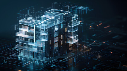 A conceptual digital illustration of an apartment building made from interconnected. glowing data streams and blueprints
