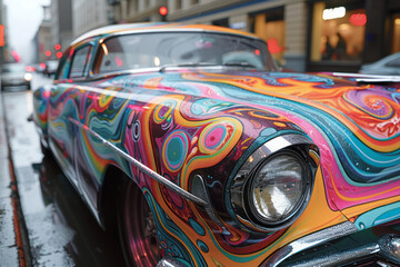 A scene showing a custom car paint job with a psychedelic pattern, making the vehicle look like it's