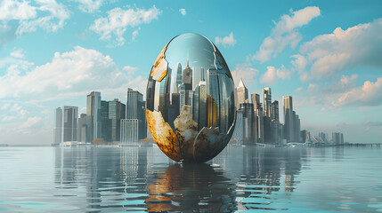 A cracked egg with a city skyline emerging from it. symbolizing urban development. A creative concept for urban planning or architecture