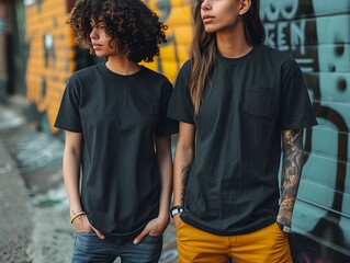 Mockup of two women's t-shirts, black color, black graffiti wall