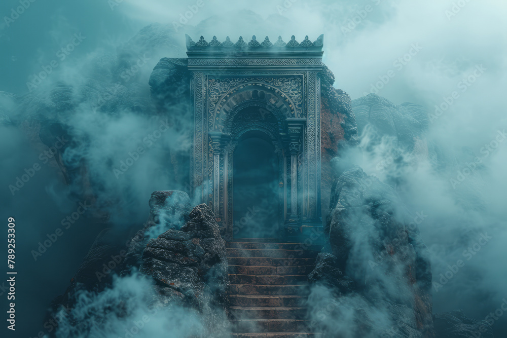 Aufkleber a scene showing an ornate door standing alone on a cloud, with steps leading up to it made of mist.