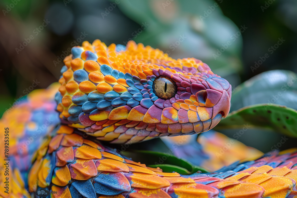 Poster a vibrant snake adorned with a feathered crest running down its back, blending into the colorful rai