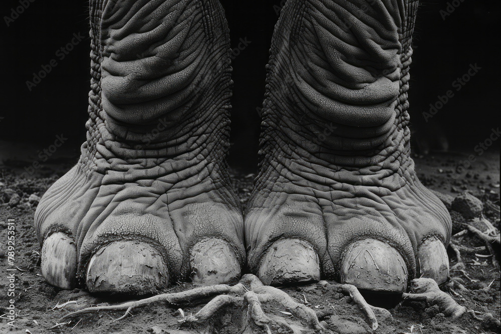 Poster an elephant whose massive legs are akin to rough tree trunks, with bark textures and sprawling roots