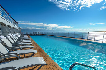 Open swimming pool on cruise ship with sunbeds on deck. Advertising for cruise vacation, travel agency. Generate AI
