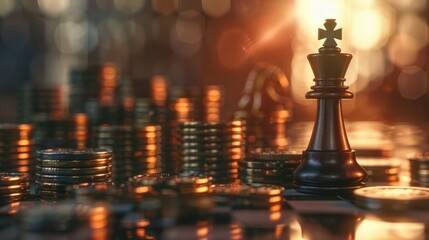 Cash is king. Idiom that means cash is more important than any other form of money. Chess king in front of many stacks of coins. Concepts of finance, wealth and economic strategy. 3D illustration.