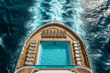 Open swimming pool on cruise ship with sunbeds on deck, top veiw. Advertising for cruise vacation, travel agency. Generate AI