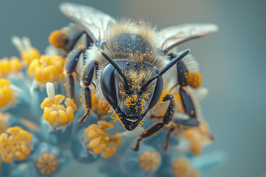 An image of a bee with tiny camera lenses for eyes, buzzing from flower to flower, recording pollina