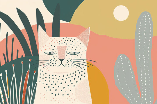Serene cat and plants minimalist illustration. Generative AI image