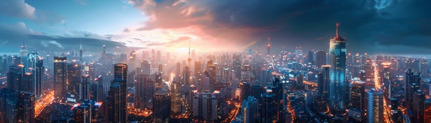 A beautiful painting of a futuristic city with a blue sky and orange clouds.