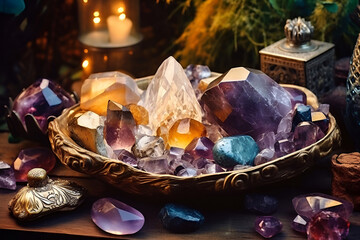 Magic still life with fluorite, quartz crystal, candle and different rocks for mystic ritual, witchcraft Wiccan or spiritual practice. Ritual for love and chakra balance. AI Generative
