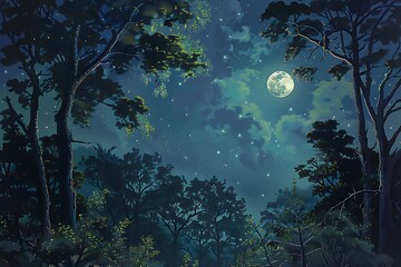Obraz na płótnie Canvas : A quiet, peaceful scene of a forest at night, with a bright moon illuminating the treetops