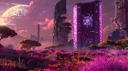 A data hub with bioenergy plants and solar power stations in the backdrop. encircled by a lush savannah and infrared-colored illuminations on one flank. - obrazy, fototapety, plakaty