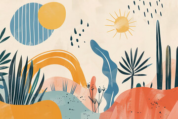 Abstract minimalist landscape with sun and vegetation. Generative AI image