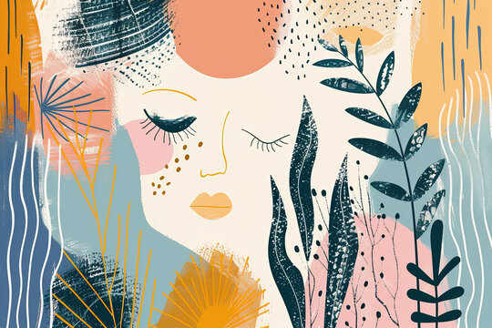 Abstract Woman's Face with Botanical Elements. Generative AI image