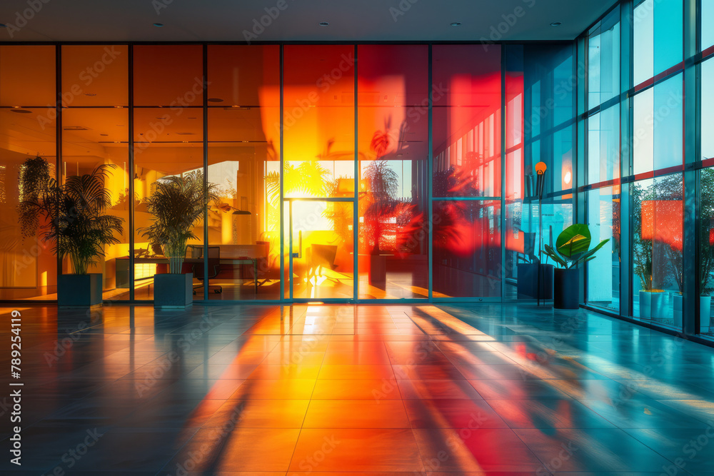 Aufkleber a depiction of a modern office designed with productivity in mind, utilizing vibrant oranges and red