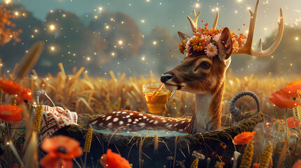 A deer with a flower crown is soaking in a meadow grass tub. wearing a sarong and drinking cider from a horn cup next to it. The deer has antlers that spread wide