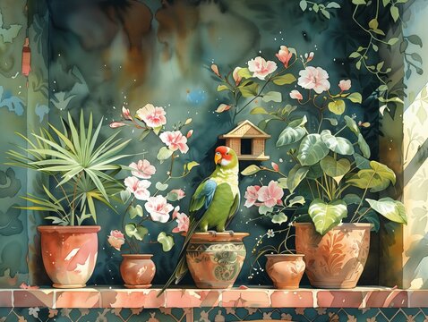 Painting of parakeets in an indoor garden, with a birdhouse on a shelf above pink and green plants with flowers and potted palms.
