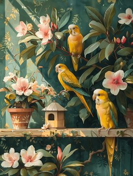 Painting of parakeets in an indoor garden, with a birdhouse on a shelf above pink and green plants with flowers and potted palms.