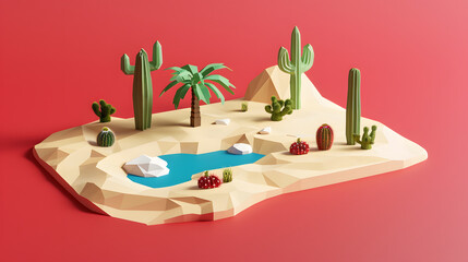A desert scene with cacti scattered around. 3D isometric style