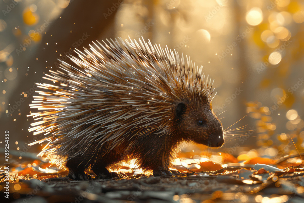 Aufkleber An image of a porcupine with metallic spikes, gleaming under the sunlight, casting patterns on the g