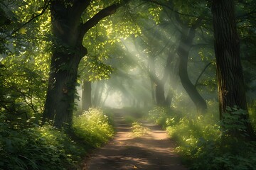: A quiet forest path, with dappled sunlight filtering through the trees
