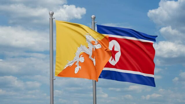 North Korea and Bhutan two flags waving together, looped video