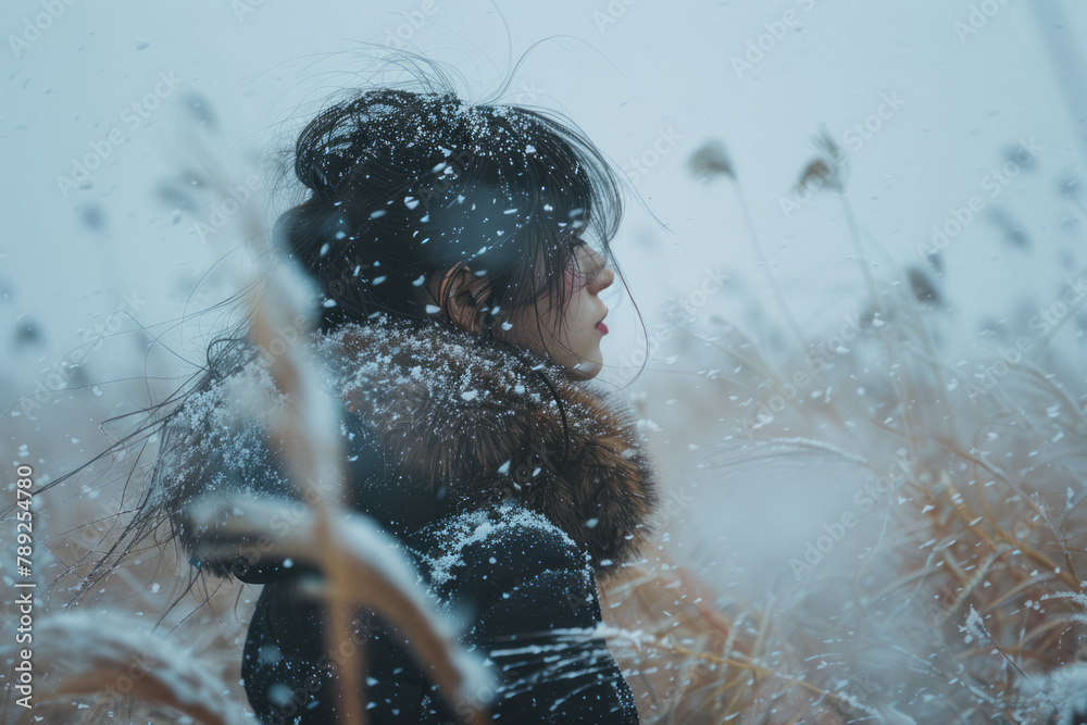 Poster an image of a woman standing in a snowy field, her figure gently transitioning into a snowdrift, wit