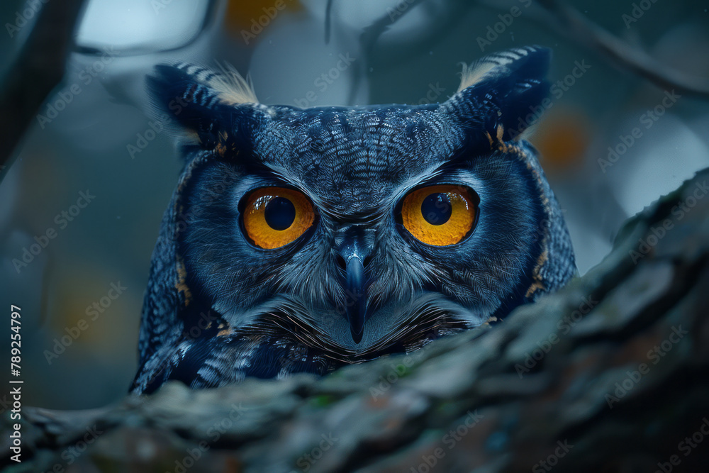 Poster an image of an owl with eyes like galaxies, its gaze deep and mesmerizing as it watches from a dark