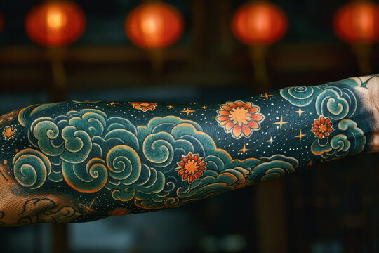 An image of an abstract tattoo sleeve that incorporates elements of space exploration, like rockets,