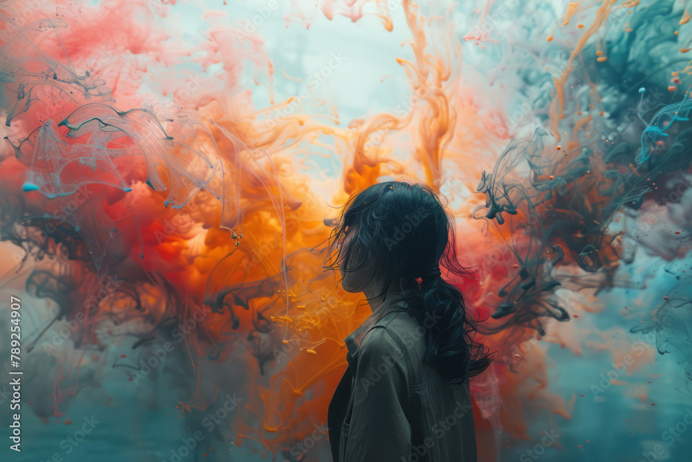Fototapete an image showing a conceptual artist sketching a surreal scene where abstract colors flow out of eve