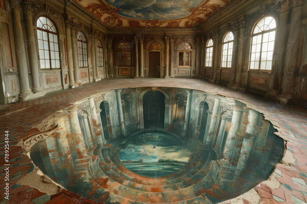 Poster an image showing a floor mural that creates the illusion of a gaping hole leading to an underground