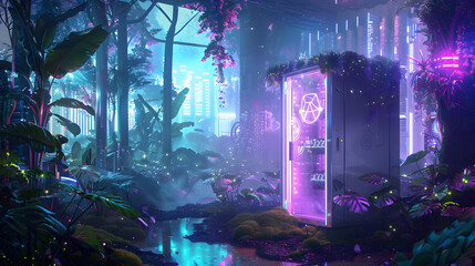 A digital center with hydroelectric power plants and wind power stations in the panorama. enveloped by a vibrant jungle and LED-colored lights on one side