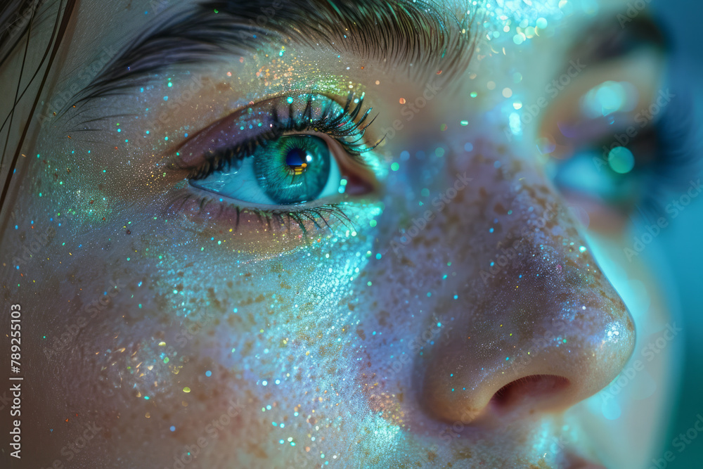 Poster an image showing a makeup artist creating a look inspired by the aurora borealis, using shimmering g
