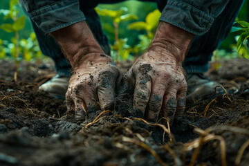 An image showing a man's hands digging into the soil, his fingers becoming roots that delve deep int - obrazy, fototapety, plakaty