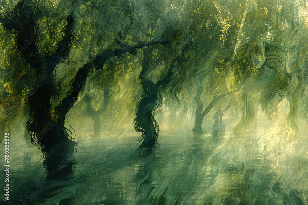 Fototapete An image showing a series of paintings that abstractly represent various tree forms, from the flowin