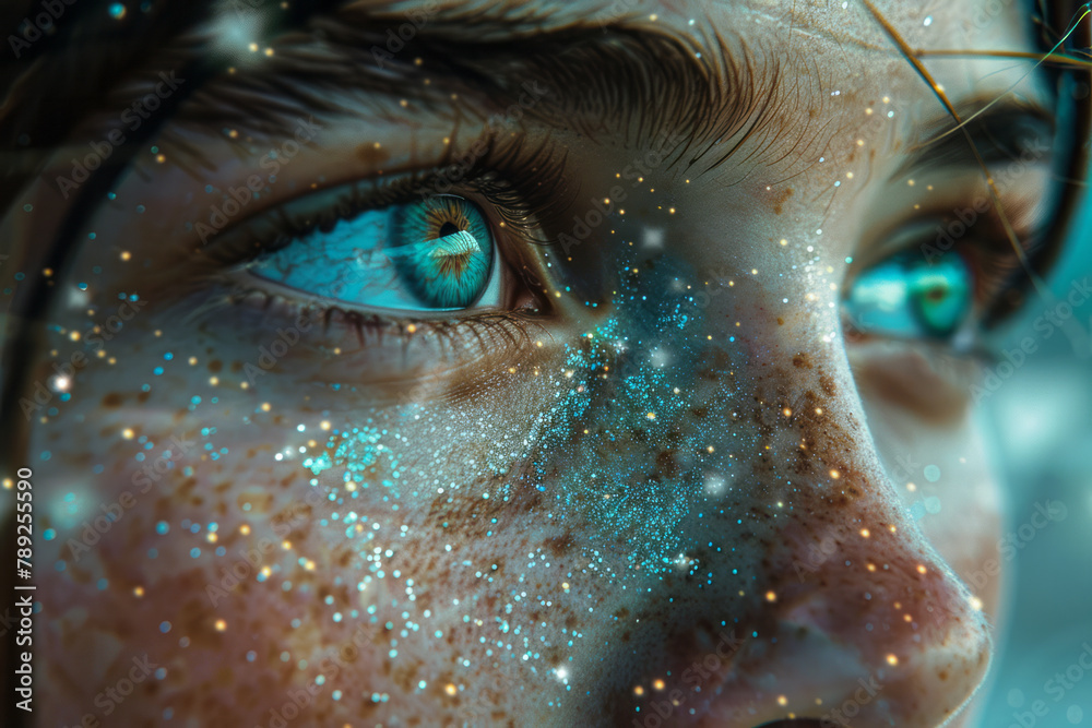 Poster an image showing an individual whose pupils are tiny spinning galaxies, drawing observers into their