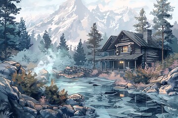 : A peaceful mountain retreat with a cozy cabin and a bubbling hot spring, inked with gentle, calming lines