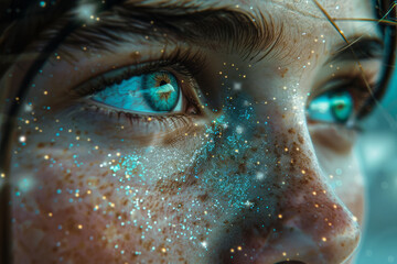 An image showing an individual whose pupils are tiny spinning galaxies, drawing observers into their