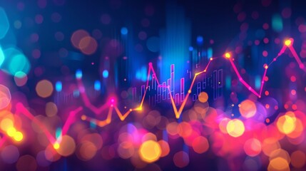 financial chart with line graph in stock market on neon color blurred background