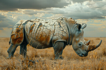 Fototapeta premium A depiction of a rhinoceros with skin that resembles cracked earth, blending into the savannah lands