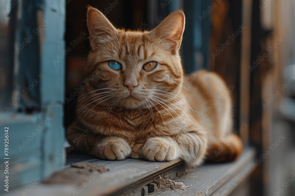 Poster a depiction of a cat with glowing, robotic eyes that change color based on its mood, perched silentl