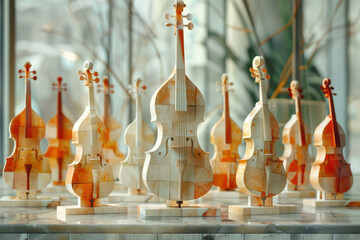 A depiction of a series of abstract sculptures that each represent a different musical instrument fr