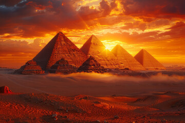 A depiction of a series of ancient pyramids that appear perfectly preserved in the desert, only to d - obrazy, fototapety, plakaty