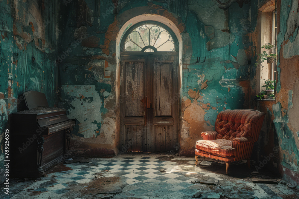 Poster A depiction of a small room that uses forced perspective to appear vast and palatial on the inside.