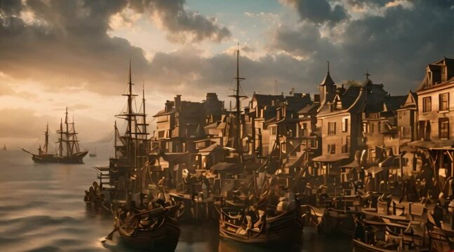 Artwork depicting a bustling harbor town during the golden age of piracy.
