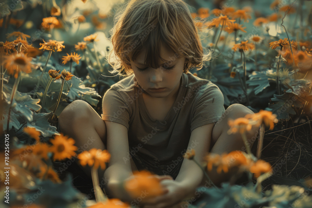 Poster A depiction of a child crouched in a garden, fingers spreading into roots that intertwine with the e