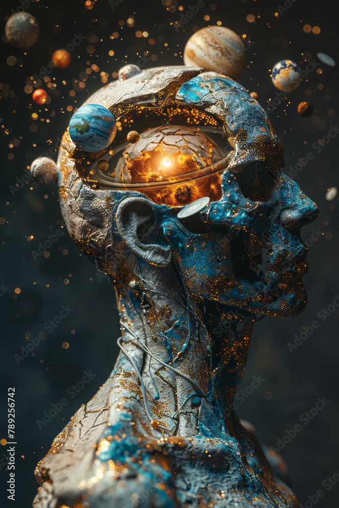 Poster A depiction of an individual whose open skull contains a miniature solar system, planets orbiting ar