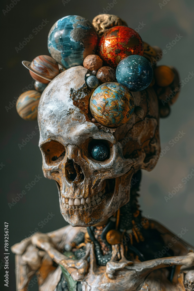 Poster A depiction of an individual whose open skull contains a miniature solar system, planets orbiting ar