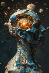 A depiction of an individual whose open skull contains a miniature solar system, planets orbiting ar