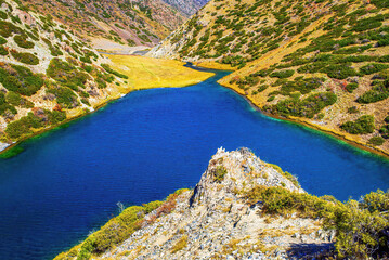 Mountain lake Koksay in the Aksu-Zhabagly Nature Reserve. Lake Koksay located in the Tien Shan...